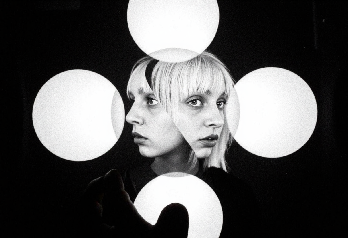 d1g1cam, Multiple fragmented facial features, black white artistic portrait, circular spotlight effects, repeated eyes lips patterns, dark background, surreal composition, overlapping facial elements, kaleidoscopic arrangement, dramatic contrast lighting, bangs hair details visible, experimental photography technique, abstract portrait style, floating facial fragments, film grain texture, high contrast monochrome processing, artistic double exposure effect, avant-garde portrait composition