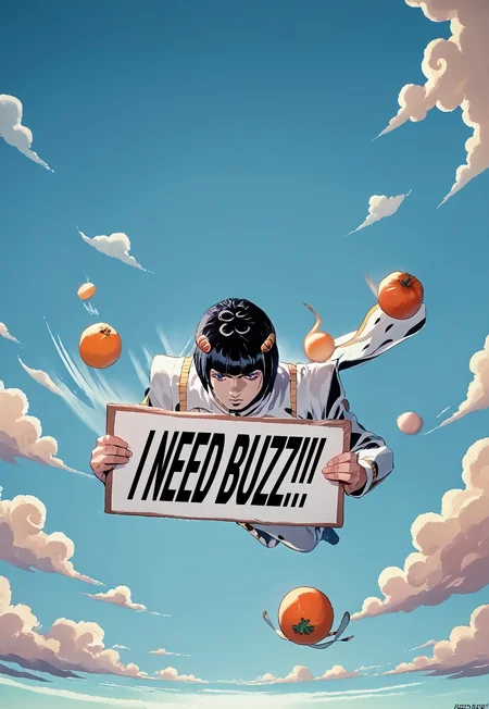 "A dynamic shot of an anime character(Bruno Bucciarati) falling through the sky above a green, stylized landscape, reminiscent of a dramatic scene from an action-packed series. The characters are dressed in uniquely designed outfits with bold colors and patterns, striking dynamic poses as they descend.", [Anime art style, vibrant and stylized], [Inspired by the character designs of Hirohiko Araki (JoJo's Bizarre Adventure) and the dynamic action sequences of Studio Trigger], [Bright, cel-shaded lighting, vivid color palette with contrasting blues, reds, and oranges, detailed character expressions, and a sense of motion blur to emphasize the fall, with stylized clouds and landscape elements]."(((best_falling))),brunojojo,bruno_suit,need_buzz, holding sign,best_falling, falling, (clouds:1.4),