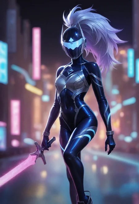 ,photorealistic imagery,
Futuristic cityscape with neon-lit billboards, holographic advertisements, and towering skyscrapers with angular architecture, dimly lit alleys, and bustling streets, dark blue night sky with stars and a crescent moon, ambient light from street lamps and building facades, high-contrast shadows, subtle motion blur, warm color tone, gritty texture, cinematic depth of field, atmospheric haze, and subtle lens flares, Powerful female cyber soldier standing confidently in the center, wearing a sleek blue-tinted helmet with a reflective visor, shining blue energy armor with intricate circuitry details, flowing silver hair cascading down her back, neon blue accents on her armor, gripping a red glowing energy sword with intricate metallic details, bold pose with one leg forward, dynamic composition with leading lines, shallow depth of field, and intentional camera movement, Inspired by Syd Mead's futuristic concepts, Ash Thorp's vibrant color palette, and H.R. Giger's biomechanical designs