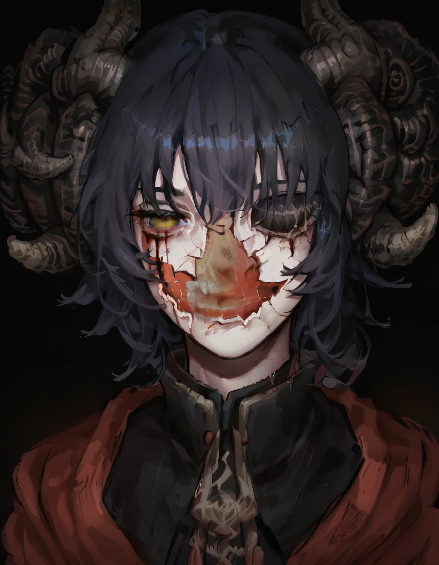 score_9, score_8_up, score_7_up, source_anime, upper body, solo, black background, 1girl, CoverMadrabyNewDad, eveyuno, <lora:CoverMadrabyNewDad:1>, mohg lord of blood, horns, one eye, <lora:Mohg_Lord_of_Blood:0.7>