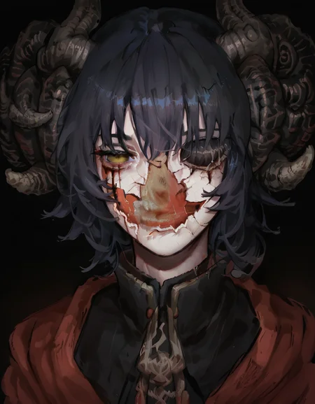 score_9, score_8_up, score_7_up, source_anime, upper body, solo, black background, 1girl, CoverMadrabyNewDad, eveyuno, <lora:CoverMadrabyNewDad:1>, mohg lord of blood, horns, one eye, <lora:Mohg_Lord_of_Blood:0.7>