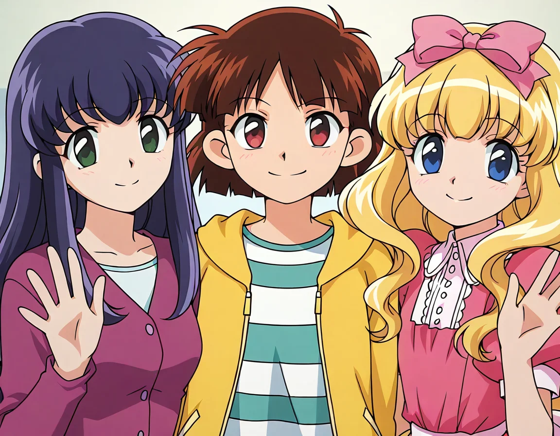 <lora:AliceSOS_noob_v10-000008:0.85> masterpiece, best quality, 3girls, anime coloring, upper body, waving
alice \(alice sos\), blonde hair, pink dress, white shirt, bow hairband,
sugita hiromi, yellow hooded jacket, striped shirt,
ashikawa yukari, purple jacket, white shirt,
looking at viewer, smile,
