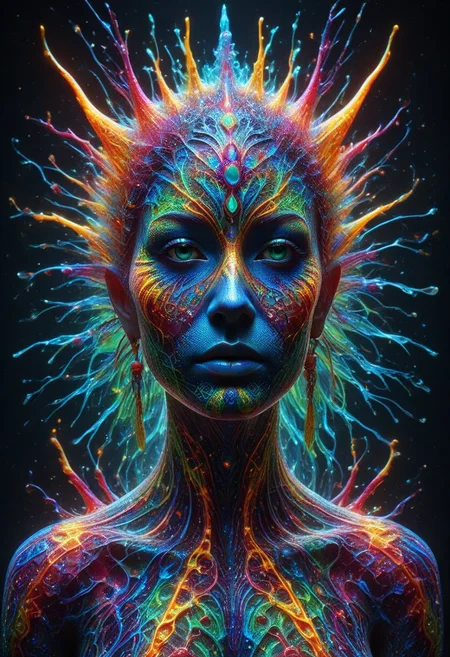 Colorful Chaos Cracks and Drops, professional photography of an fantastical elf demon princess entirely made of cyberflies with whimsical elements, swirling magic, eerie fairytale landscape, elaborate fantasy style art, very colorful, intricate details, ultra sharp, exquisite detail, flawless composition, vivid colors, masterpiece, exciting background, TAS, TASvisuals, Psychedelic , Rave, Elaborate , Blacklight , Vibrant , cyberflies, black light paint, blp, Colorful Chaos Cracks and Drops, mad-glowtiedye, made out of,colorful,liquid,Murano Art Glass