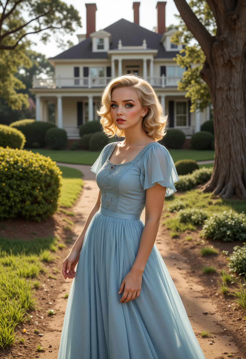full body view, dyamic angles, multiple angles, she is looking at the camera, with adoration, retro50s_style, photoshoot poses; the image is a portrait of a S0phi@V2. she is standing. She has blonde hair. she has piercing eyes. She is Scarlett O'Hara from the movie gone with the wind, the a light blue frilly dress dress hangs past her knees. white high heels.  She has happy look on her face. she is laughing with her mouth open. She is outdoors, standing with a  plantation mansion in the background. The overall mood of the image is happy.RAW candid cinema,16mm,color graded portra 400 film,remarkable color,ultra realistic,textured skin,remarkable detailed pupils,realistic dull skin noise,visible skin detail,skin fuzz,dry skin,shot with cinematic camera,detailed skin texture,(blush:0.2),(goosebumps:0.3),subsurface scattering,beautiful photograph in the style of Augustus John,Sergio Toppi,Virginia Frances Sterrett,8k HD,detailed skin texture,ultra realistic,textured skin,analog raw photo,cinematic grain,whimsical.perfection style, looking at the Camera, looking at the Camera, looking at the Camera,aidmafluxpro1.1