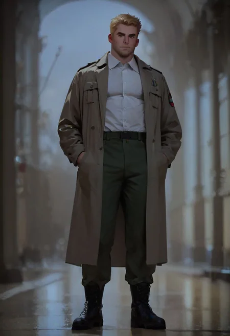 score_9, score_8_up, score_7_up, solo male, Reiner Braun, blond hair, short hair, flat hair (facial hair, stubble:1.1), hazel eyes, tall, white collared shirt, light-brown trench coat, (open coat:1.1), military green pants, black combat boots, handsome, charming, alluring, standing, upper body, perfect anatomy, perfect proportions, best quality, masterpiece, high_resolution, dutch angle, cowboy shot, photo background