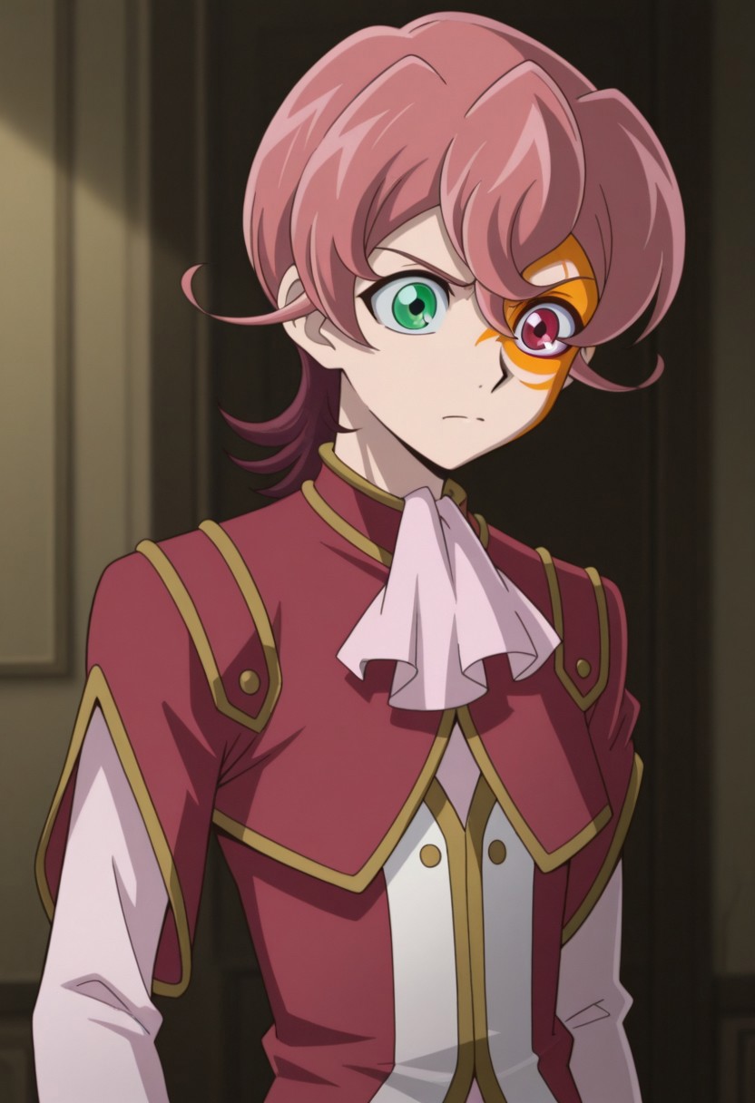 masterpiece,best quality,amazing quality, source_anime, 
MichArclight, 1boy, male focus, solo, heterocromia, green eyes, red eyes, facial tattoo, pink hair, ascot, pink ascot, shirt, pink shirt, jacket, red jacket, short over long sleeves,