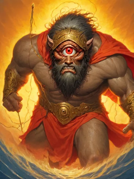 sandals, eye focus, polearm, orange background, sky, chainmail, male focus, lightning, tusks, fangs, chest hair, yellow eyes, web address, scar, 1other, scar on chest, one eye closed, red cape, trident, blue sky <lora:cyclopes:1>