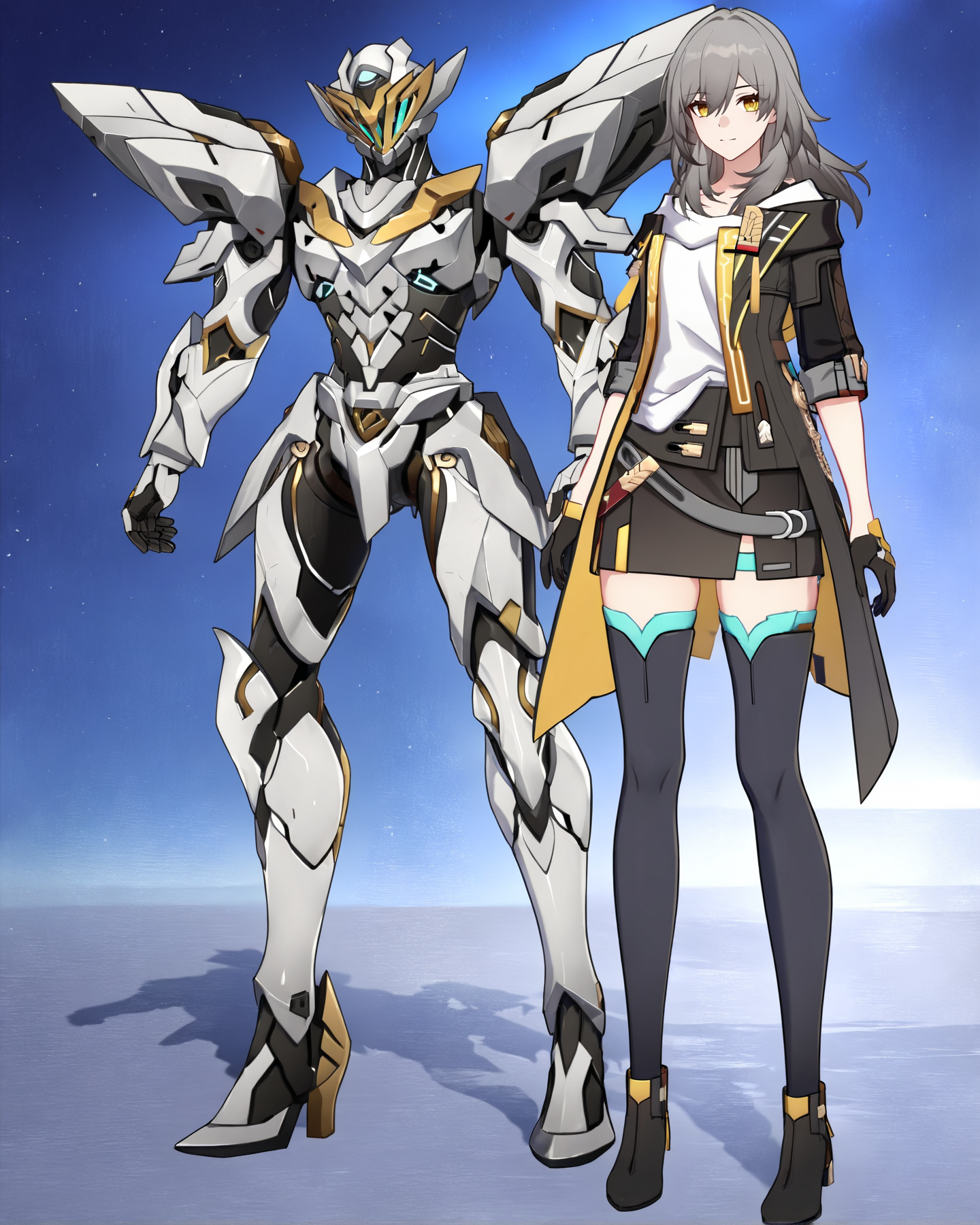 (8k:0.9), best quality, masterpiece, (ultra-detailed:1.2), (high detailed skin), full body, 
<lora:LKtrainre-A3-Tanger-000010:0.7>, stelle /(honkai: star rail/), stelle's def clothes, Sam /(honkai: star rail/), 1girl, robot,  two anime characters standing next to each other,