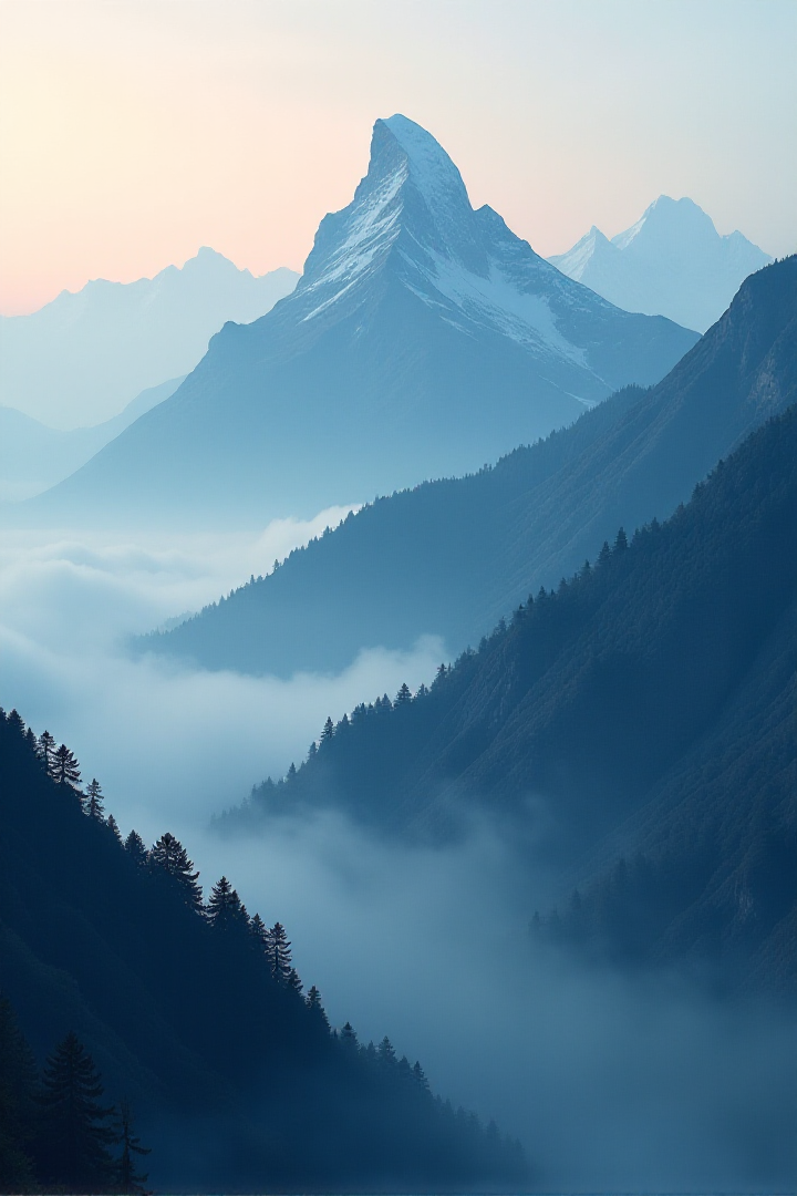 their peaks veiled in mist. great lighting, A surreal landscape highly detailed . extremely high-resolution details, appears trapped in an optical illusion of reflections and refractions colorful , professional photography, natural lighting, volumetric lighting maximalist. intricately detailed, complex, elegant, expansive, fantastical, film photography style, in the distance layers of mountains strech to the horizon in shades of blue, mysterious fog envelops the landscape, adding depth and atmosphere to the composition, ultra-detailed, hyper-detailed, ambient lighting, (masterpiece), (Amazing quality), (phenomenal aesthetic), cinematic moment, 8K<lora:FLUX_Ghibsky_Illustrations.safetensors:0.8:1.0>âââ