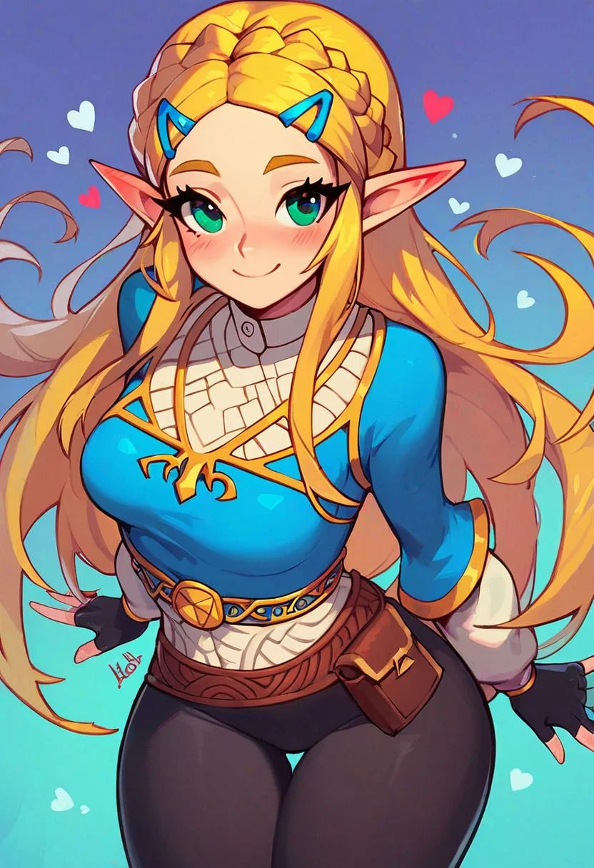 score_9, score_8_up, score_8, medium breasts, (curvy), cute, eyelashes,  princess zelda, solo, long hair, green eyes, crown braid, hairclip, pointy ears, blue shirt, long sleeves, fingerless gloves, black gloves, black pants, tight pants, smile, curvy, head tilt, hearts, blush,