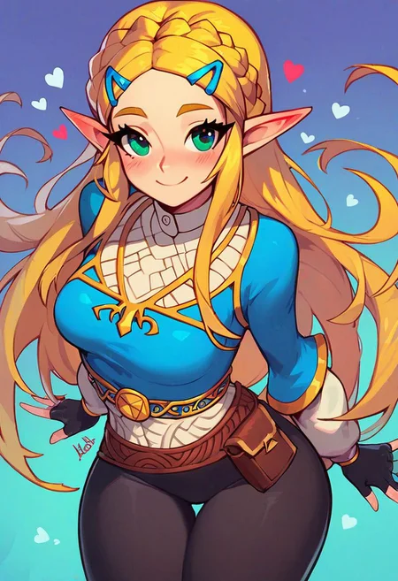 score_9, score_8_up, score_8, medium breasts, (curvy), cute, eyelashes, princess zelda, solo, long hair, green eyes, crown braid, hairclip, pointy ears, blue shirt, long sleeves, fingerless gloves, black gloves, black pants, tight pants, smile, curvy, head tilt, hearts, blush,