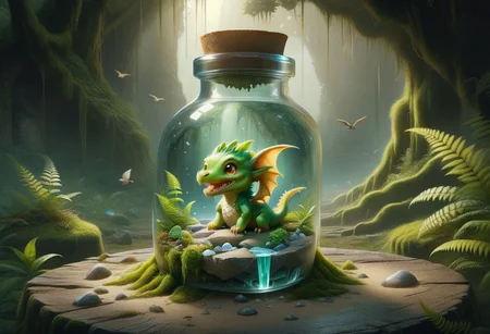 In a large sqaure broken bottle very cute petite appealing anthropomorphic tiny dragon rock, kawaii, gemstone eyes, sand mouth, moss face, dirt body, fern ears, looking at the viewer, macro, cinematic lighting, fantasy art, dynamic composition, epic realistic, award winning illustration  <lora:FoodPets:1> Foodpets, excited face, open mouth, outside the bottle, stome table, cliffs, earth jungle, birds