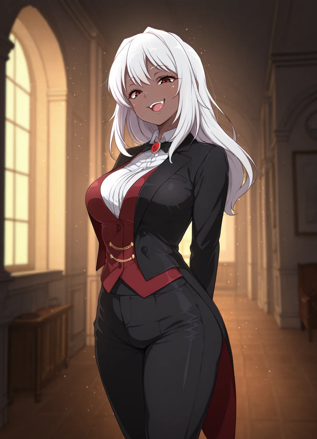 masterpiece, best quality, amazing quality, very aesthetic, absurdres, newest, scenery,extreme detail, 8k, light particles, soft lighting, volumetric lighting, intricate details, finely detailed, detailed eyes, 1girl, solo, vampire, white hair, dark-skin, dark skinned female, (tailcoat,tuxedo,frock coat:1.2), thighhighs, looking at viewer, standing, red eyes, mansion,bedroom, trousers,shirt,vest, smug, smirk, shiny skin, (medium breasts:1.3), thick, fang, half-open mouth,
<lora:Illustrious_jabarand_style:1>
