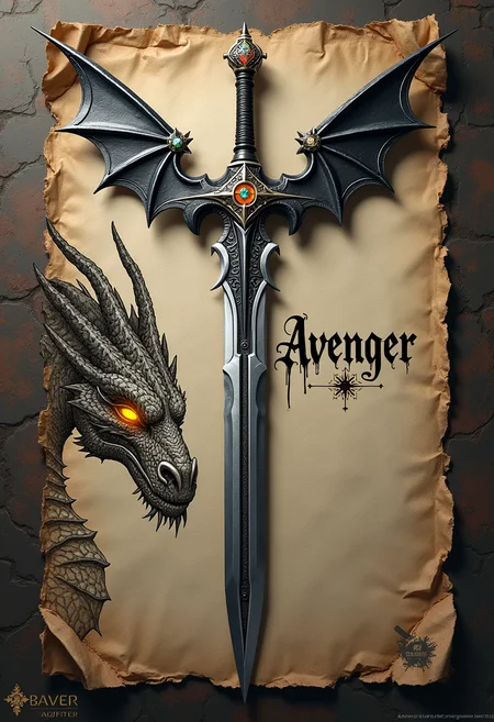 high quality, highly detailed, colorful, abstract shapes, fantasy, fantasy background, The image is a realistic photo of a sword with a unique design. The sword has a long, pointed blade with a pointed tip and a pointed end. The handle is made of metal and has a metallic sheen. The blade is decorated with intricate patterns and designs. The top of the sword has two large, pointed wings that are spread out, giving it a majestic appearance. The wings are black and have a textured appearance. The sword is placed on a piece of paper with a rough, textured background. The paper appears to be old and worn, with some creases and wrinkles visible. On the left side of the paper, there is a detailed drawing of a dragon's head, with intricate details and patterns. The dragon's eyes are glowing yellow, adding a pop of color to the otherwise monochromatic image. The text on the paper reads "Avenger" in a bold, cursive font. The overall mood of the image is dark and mysterious.<lora:FLUX\Enhancer\MysticFantasy.safetensors:0.8:0.8> <lora:FLUX\Style\obra_dinn_v1.safetensors:0.6:0.6>