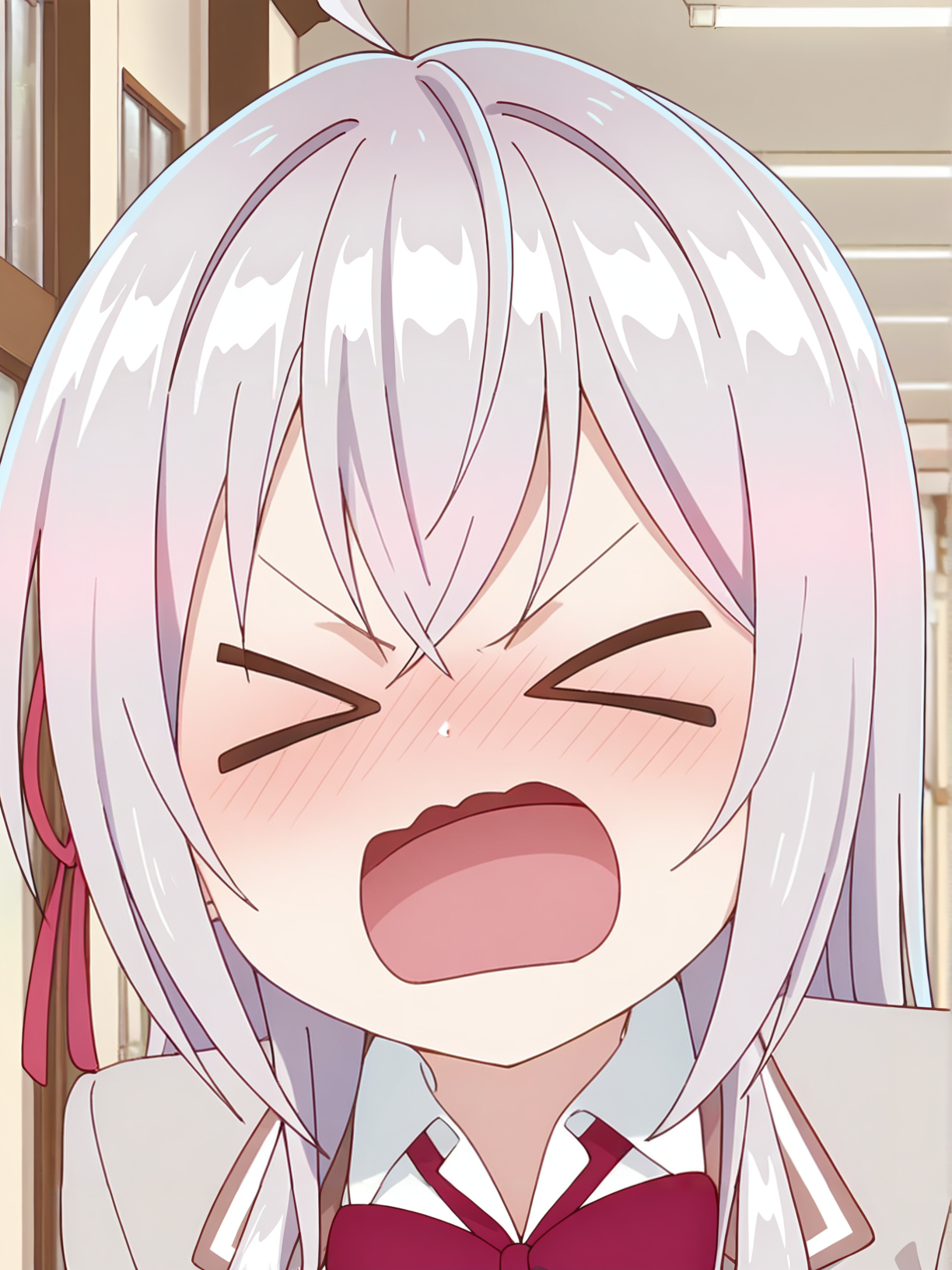 <lora:Alya_v2:0.9>, alya, 1girl, solo, long silver hair, ahoge, red hair bow, school uniform, beige blazer, white collared shirt, red necktie, > <, angry, blush, open mouth, closed eyes, wavy mouth, standing, facing viewer, portrait, indoors, hallway, school