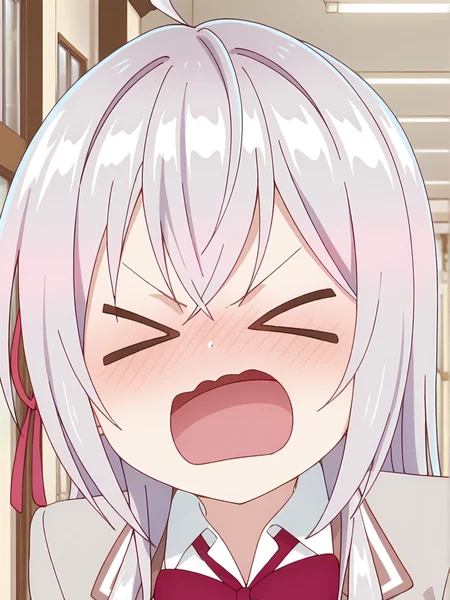 <lora:Alya_v2:0.9>, alya, 1girl, solo, long silver hair, ahoge, red hair bow, school uniform, beige blazer, white collared shirt, red necktie, > <, angry, blush, open mouth, closed eyes, wavy mouth, standing, facing viewer, portrait, indoors, hallway, school