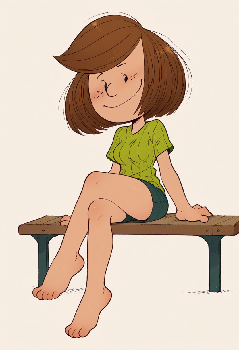 score_9, score_8_up, score_7_up, 1girl, cute, ppatty, sitting on bench, no sclera, black dot eyes, sexy, medium breasts, long legs,