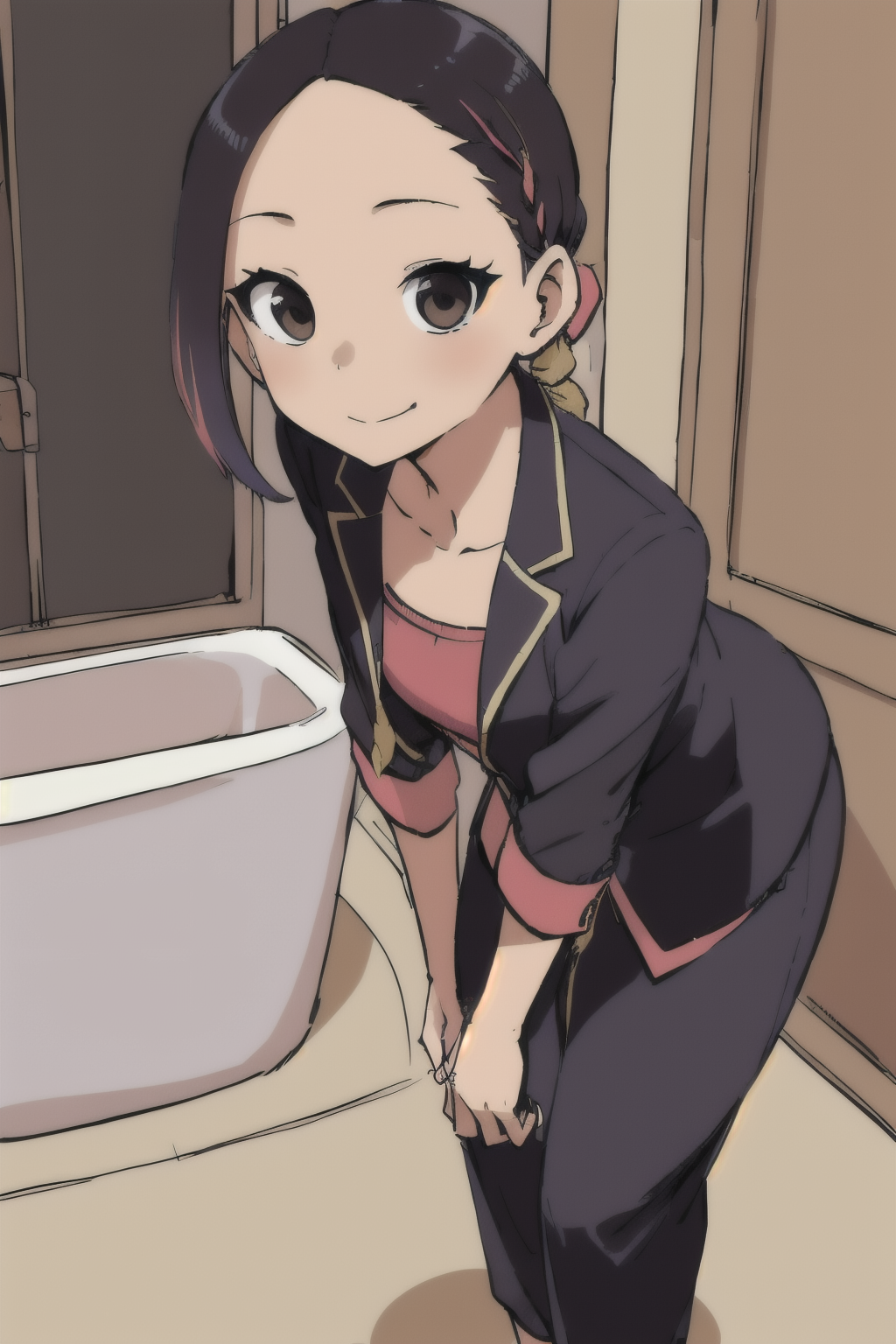 Javanese (Indonesia) 48 years old woman Ombre Goddess Braids, in the Bathroom, Leaning forward with arms extended to front, Blazer with dress pants, EdobSouichirouYamamotoArtStyle  <lora:EdobSouichirouYamamotoArtStyle_v1.0:0.8>