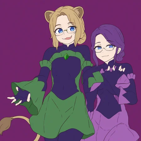 pink frills, lion ears, low bun, purple skirt, green skirt, semi-rimless eyewear, green gem, purple frills, blue eyes, black badend-bodysuit