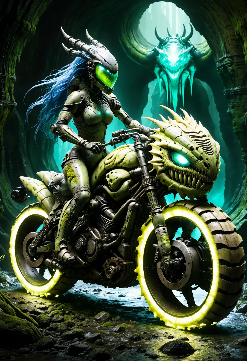 mind bending, concept art of translucent moss elemental inspired by chrysalis fiber optics, thorny glow-armor, queen of the underground riding menacingly on a mechanical xenomorph-motorcycle with large wheels in a dark cavern, inner glow, one with the environment, extreme split rider, windy
<lora:dvr-swr:0.8> dvr-swr