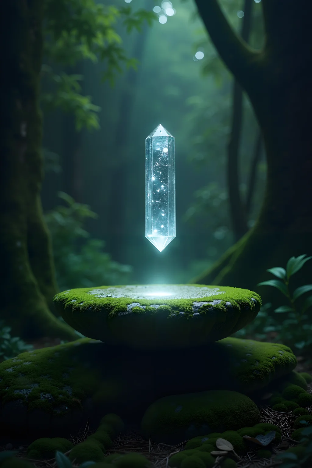 A shimmering crystal floating above an ancient, moss-covered stone altar in a dense, enchanted forest.