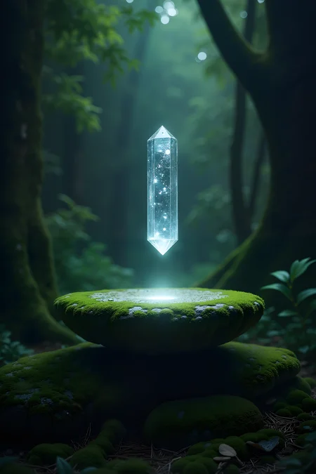 A shimmering crystal floating above an ancient, moss-covered stone altar in a dense, enchanted forest.