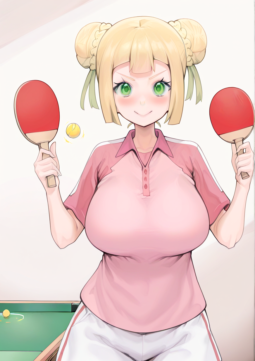 <lora:fuguta-kemasuo:1.2>,1girl, lillie \(pokemon\), huge breasts, wide hips, pokemon, pokemon (anime), pokemon sm (anime), alternate hairstyle, ball, blonde hair, blush, collared shirt, double bun, green eyes, hair bun, hands up, holding, holding paddle, looking at viewer, paddle, pink shirt, raglan sleeves, shirt, short sleeves, smile, solo, sportswear, table tennis ball, table tennis paddle, tennis uniform, v-shaped eyebrows, w arms, wing collar, 
very awa, masterpiece, best quality, highres, absurdes,amazing quality,very aesthetic,intricate details, <lora:hand 5.5:1>