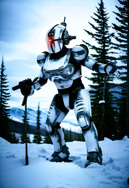 easynegative, extremely detailed, dark, chiaroscuro, low-key, AssaultronCosplay, zavy-strps, a white assaultron robot, ((the assaultron has grey stripes painted on its armor)), ((tiger stripe pattern)), in the mountains of Alaska, snow