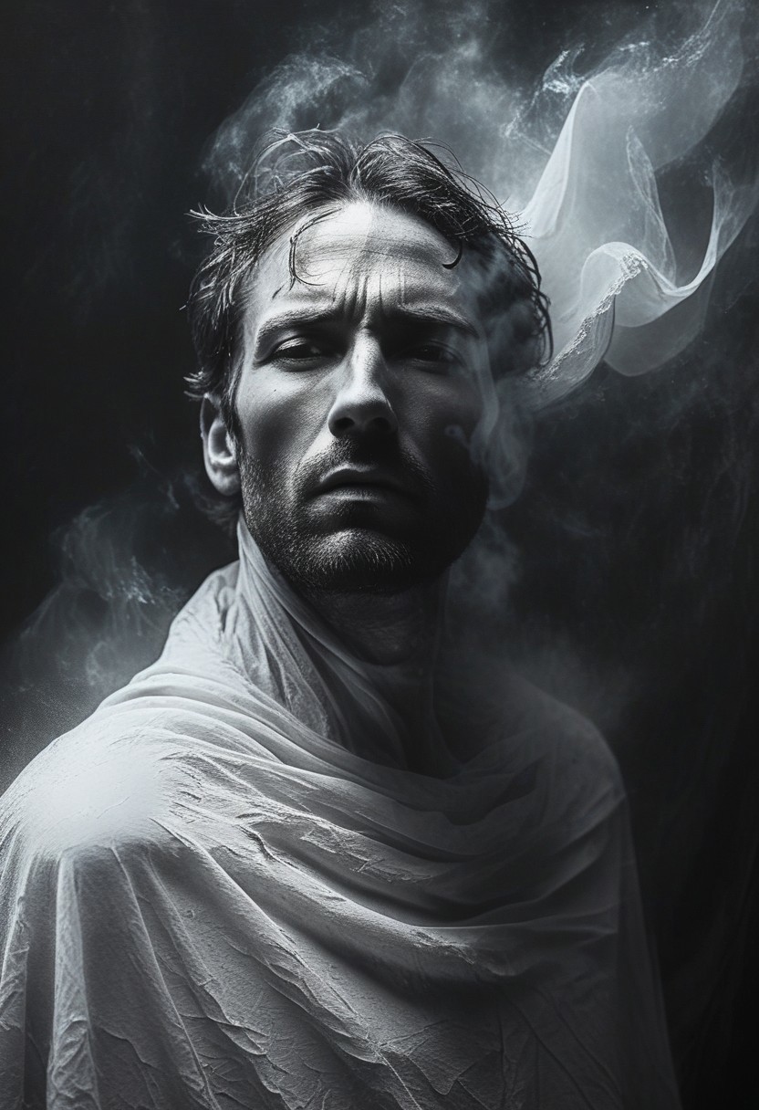 The image of a man shrouded in a shroud seems to merge with the air around him, high contrast between the dark background and the bright, glowing texture of the material to create a sense of emergence or transformation, monochrome shades to enhance the mysterious and tense atmosphere,high realism