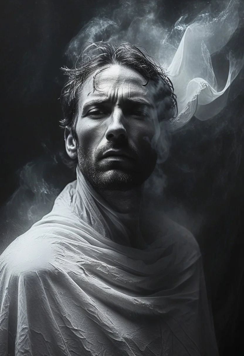 The image of a man shrouded in a shroud seems to merge with the air around him, high contrast between the dark background and the bright, glowing texture of the material to create a sense of emergence or transformation, monochrome shades to enhance the mysterious and tense atmosphere,high realism