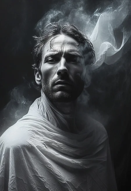 The image of a man shrouded in a shroud seems to merge with the air around him, high contrast between the dark background and the bright, glowing texture of the material to create a sense of emergence or transformation, monochrome shades to enhance the mysterious and tense atmosphere,high realism