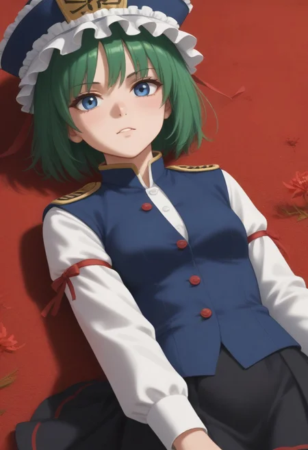 1girl, solo, solo focus, highres, absurdres, shikieiki, green hair, frilled hat, blue eyes, blue headwear, short hair, bangs,
long sleeves, black skirt, white shirt, blue vest, red ribbon, epaulettes, small breasts, arm ribbon, buttons, 
looking at viewer, lying, on back, 
spider lily, flower field, night sky, red sky, dark,