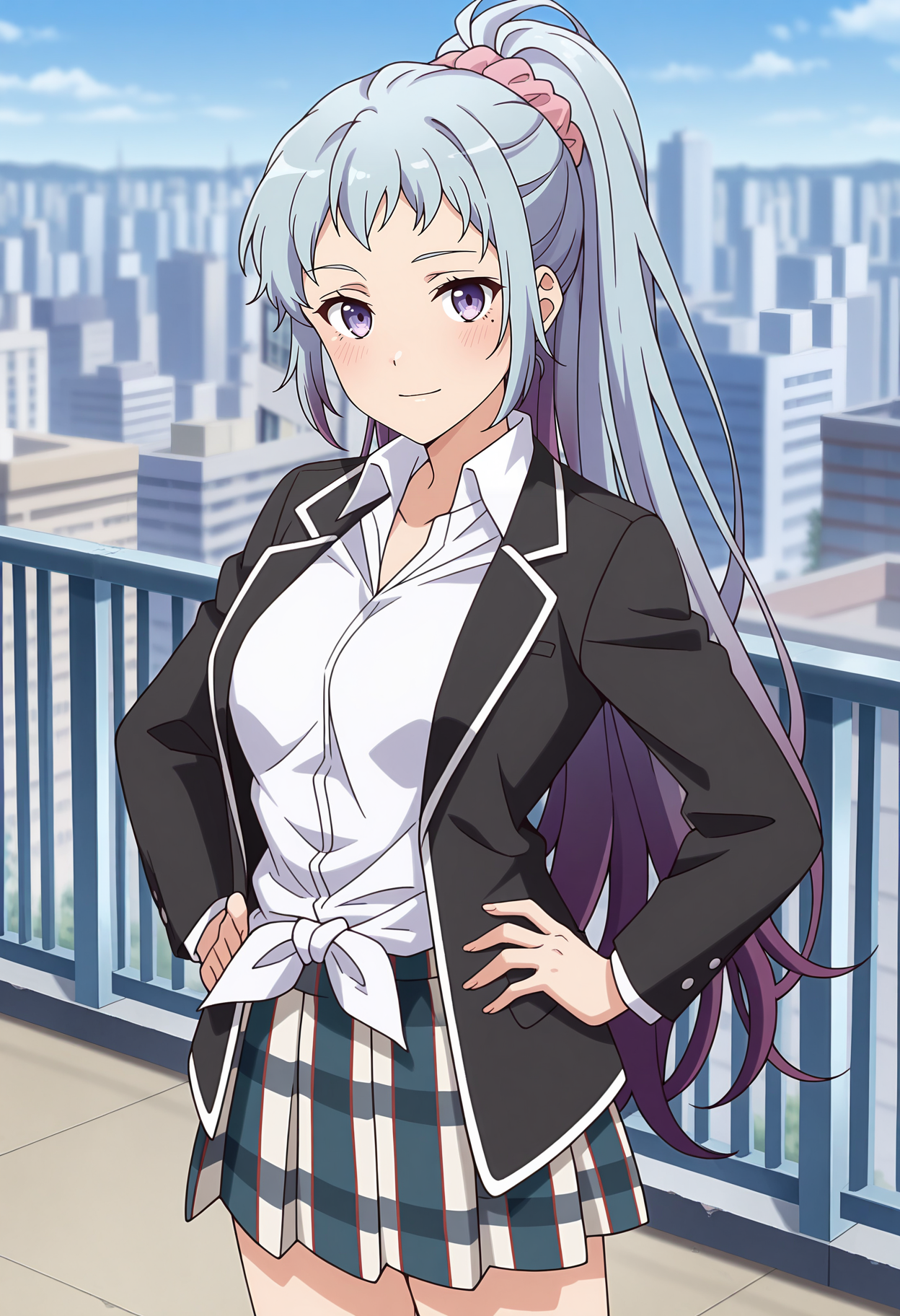anime screencap, masterpiece, best quality,
<lora:YahariOreNoSeishunLoveComedy_KawasakiSaki_IlluXL:0.9>,
1girl, solo, closed mouth, blush, light smile,
high ponytail, long hair, multicolored hair, light blue hair, purple hair, purple eyes, mole under eye, hair scrunchie, pink scrunchie,
SakiSchool, open jacket, black jacket, front-tie top, collared shirt, white shirt, long sleeves,
plaid skirt, pleated skirt, multicolored skirt,
hands on own hips, cowboy shot, standing, looking at viewer,
rooftop, cityscape, day, outdoors, blurry background