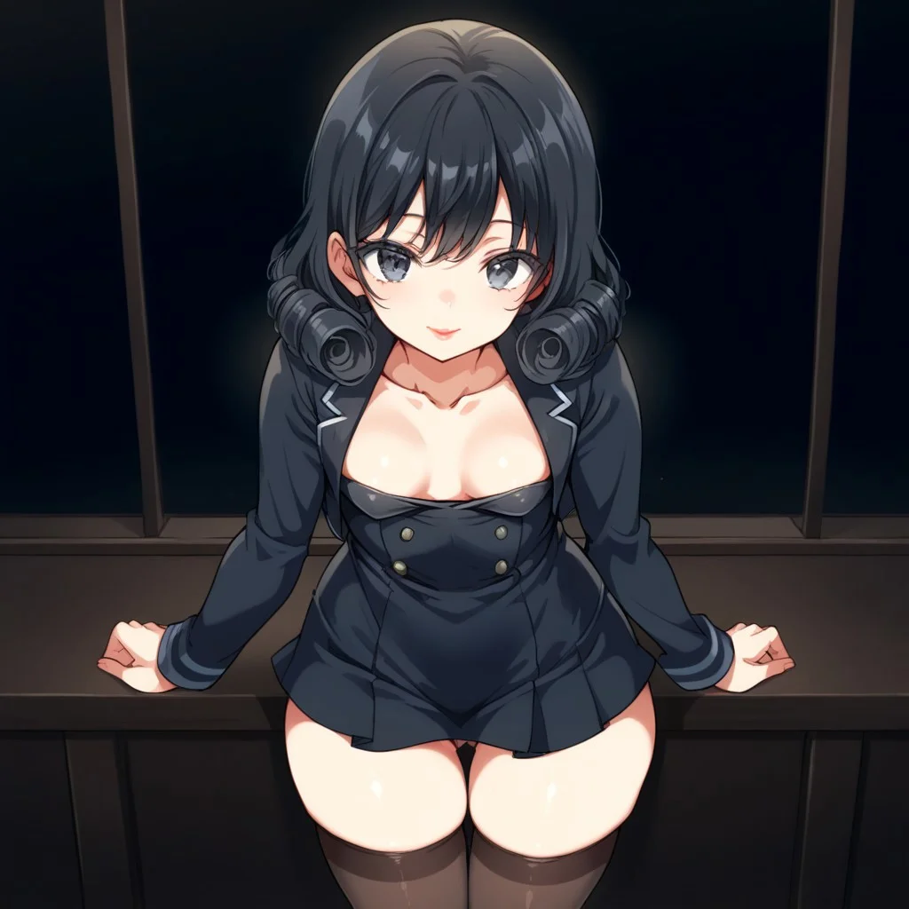 score_9, score_8_up, score_7_up, maron, source_anime, cowboy shot, solo, 1girl, lipstick, short curly hair, black hair, black eyes, small breasts, black skirt, black dress, black jacket, thigh-highs, long sleeves, big thighs, panty shot, bending forward, looking towards the viewer, best quality, detailed, masterpiece, Expressiveh