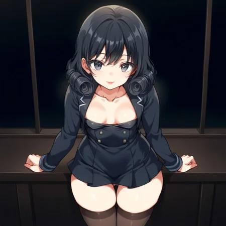 score_9, score_8_up, score_7_up, maron, source_anime, cowboy shot, solo, 1girl, lipstick, short curly hair, black hair, black eyes, small breasts, black skirt, black dress, black jacket, thigh-highs, long sleeves, big thighs, panty shot, bending forward, looking towards the viewer, best quality, detailed, masterpiece, Expressiveh