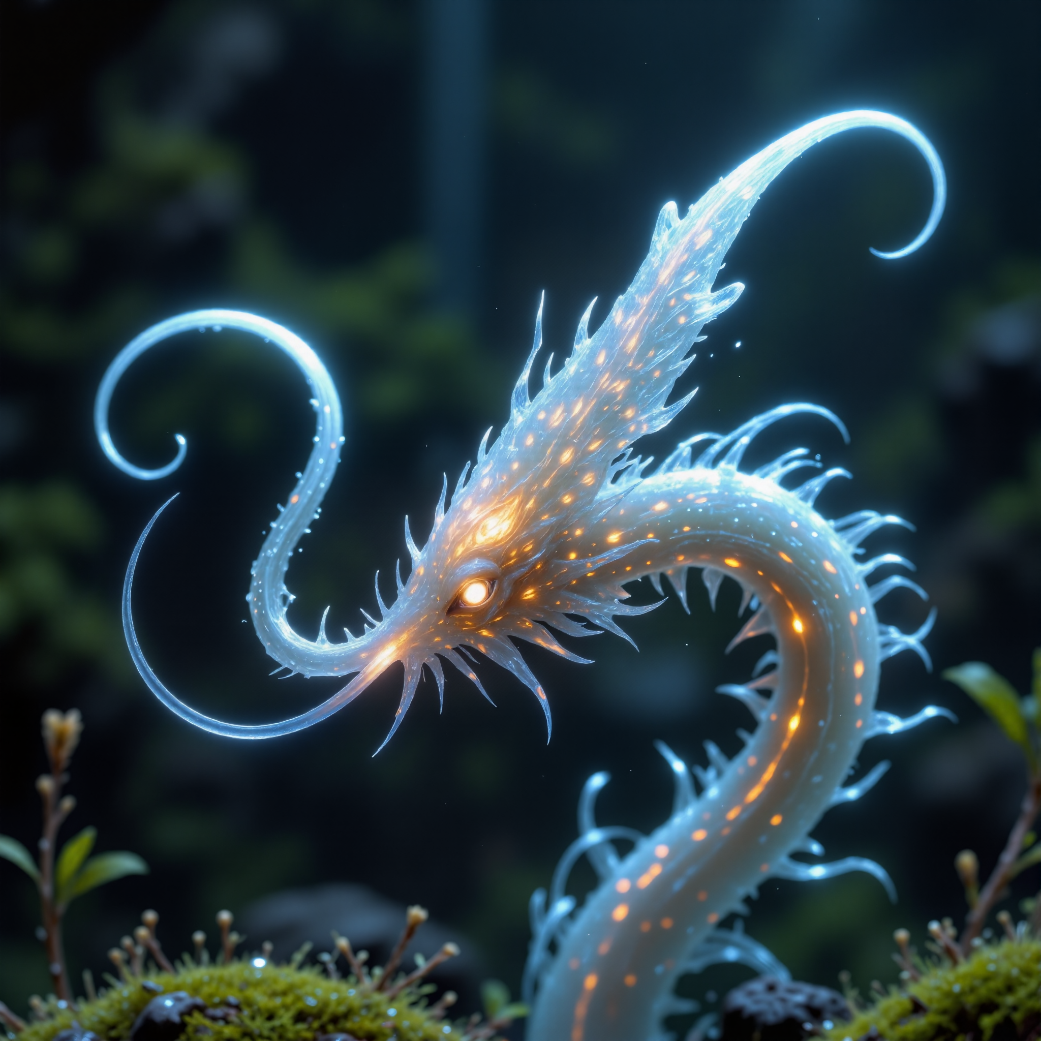 award-winning macro photo, short depth of field, hyper realistic, dim lighting, at night, bioluminescence, subsurface scattering, the elusive "long-nosed dumpfdragon" is a gelatinous, semi-translucent blobiform, often found perched on the spindly stalks of the dripping "fogweaver moss" in the mist-cloaked wetlands of the remote world "plurmous ix". each drizzlepods crest is adorned with intricate frondal patterns that pulsate in mesmerizing chromoglowic displays. these tiny creatures feed on the microplumes of energy-rich vapors that rise from the moss itself, their gelatinous forms stretching and warbling with a surprising quaysled elasticity. the habitat, an endless sea of mist, shimmering mossy stalks, and reflective dewbyglobules, creates an eerily serene, grouchering spectacle, highly detailed, intricate, detailed background, golden ratio, in the style of ck-ovf, aidmafluxpro1.1, 
<lora:epic_gorgeous_details-balance-flux-by_flyway:0.52> 
<lora:style-mythic_fantasy-v2-flux-by_velvets:0.44> 
<lora:style-oneviolentfantasy-ep21-flux-by_chronoknight:0.4> 
<lora:style-cheats-by_schmede:0.4> 
<lora:flux_pro1.1_detailer-v0.2-flux-by_aidma:0.52>