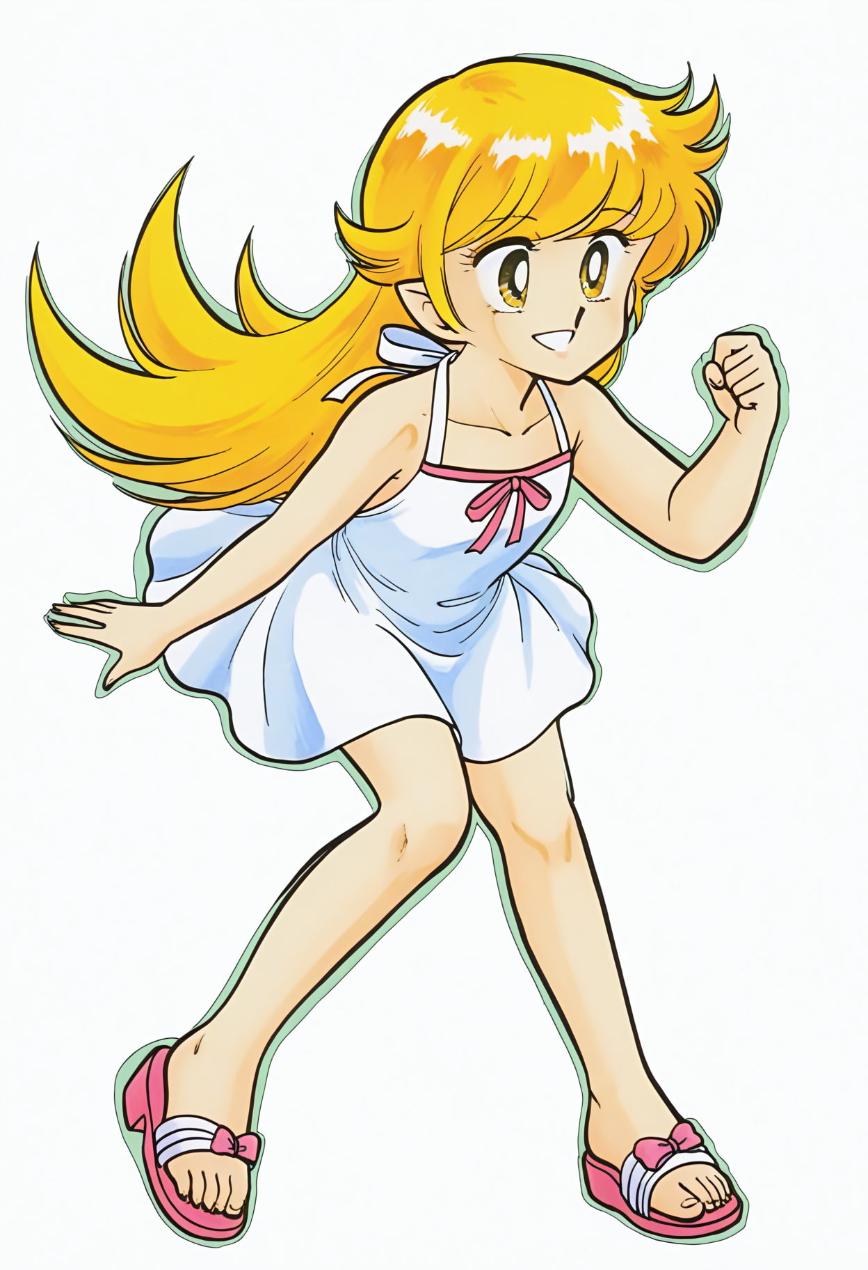best hands, 5 fingers <lora:tooyama-h_IL1.5:0.8>retro artstyle, 1980s \(style\), full body, toyama_hikaru_style, 1girl, solo, oshino shinobu, blonde hair, pointy ears, 
white dress, sandals,