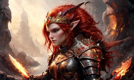 13. Dragonborn Artificer: Red scales gleam like lava under golden light; a massive blade rests against her broad shoulder while flowing red hair is secured by an ornate headpieceâan engineer of war machines, she wields innovation in the heat of battle to protect all those who call upon her prowess. in a dystopian future, detailed setting, with mist and smoke, and colorful accent lighting <lora:LaxpeintXL-2.0:1> <lora:xl_more_art-full_v1:1> <lora:add-detail-xl:1>