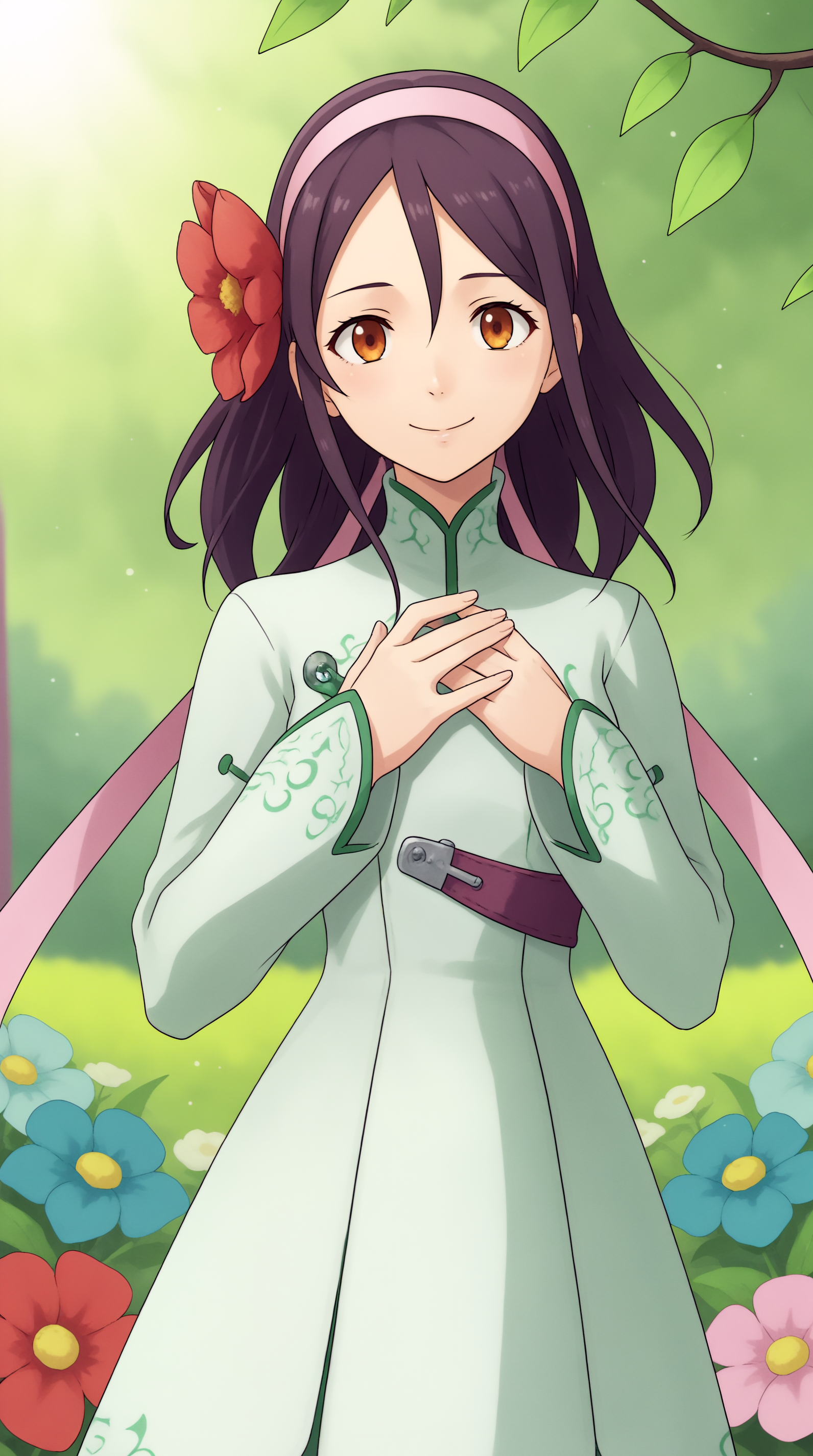 score_9, score_8_up, score_7_up,anime_source, source_anime, best background, detailed background, anime screencap, 4k, upscale,  Ryfia, Main Outfit, solo, smile, hand on chest, soft particles, flowers, outdoors,  <lora:JN_Ryfia_Pony:0.8>