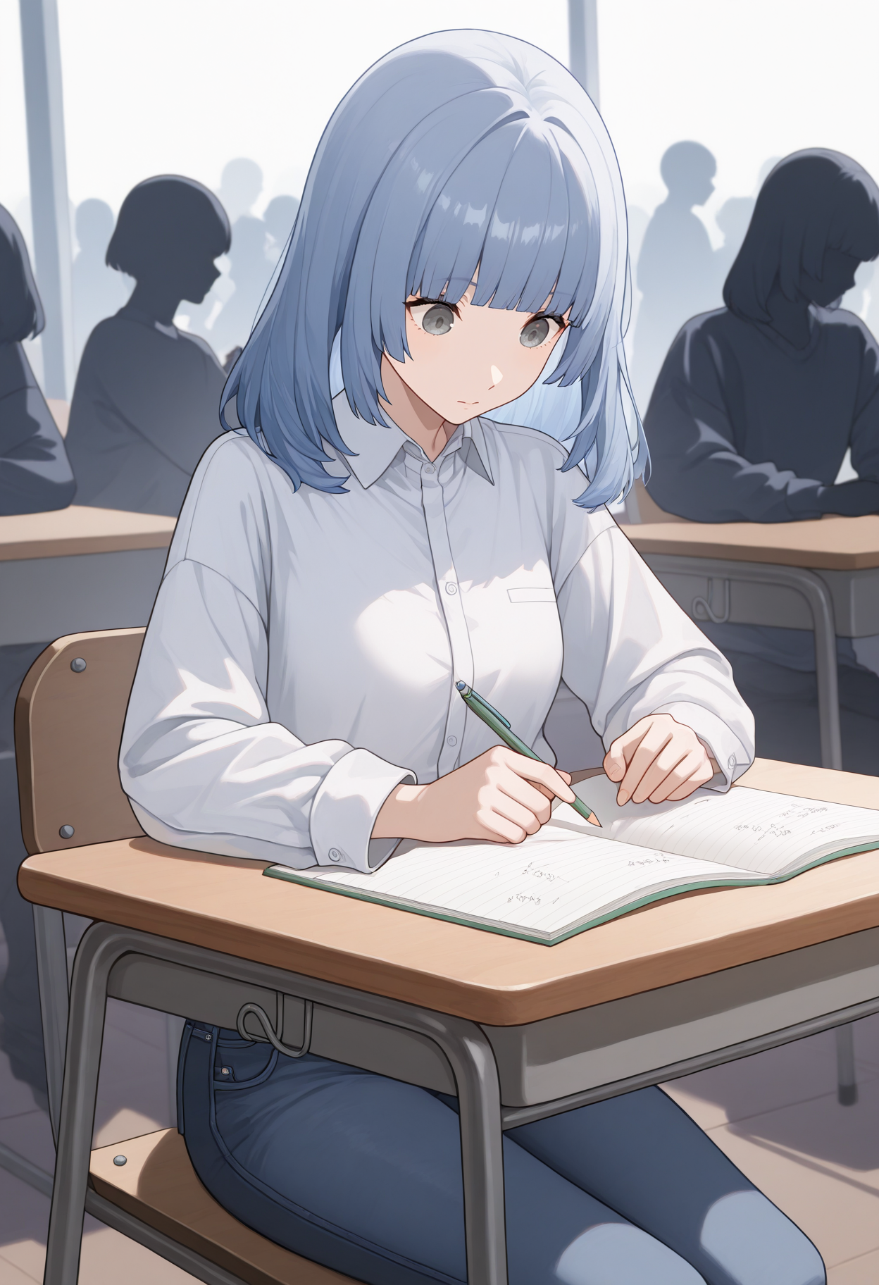 1girl, sitting, writing, notebook, looking down, pencil, <lora:MiyuSaharaP5X-illu:1> m1yu, blue hair, medium hair, blunt bangs, grey eyes, dress shirt, long sleeves, jeans, school desk, crowd, silhouette, masterpiece, best quality, good quality, newest