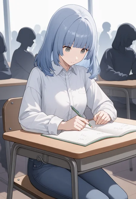 1girl, sitting, writing, notebook, looking down, pencil, <lora:MiyuSaharaP5X-illu:1> m1yu, blue hair, medium hair, blunt bangs, grey eyes, dress shirt, long sleeves, jeans, school desk, crowd, silhouette, masterpiece, best quality, good quality, newest
