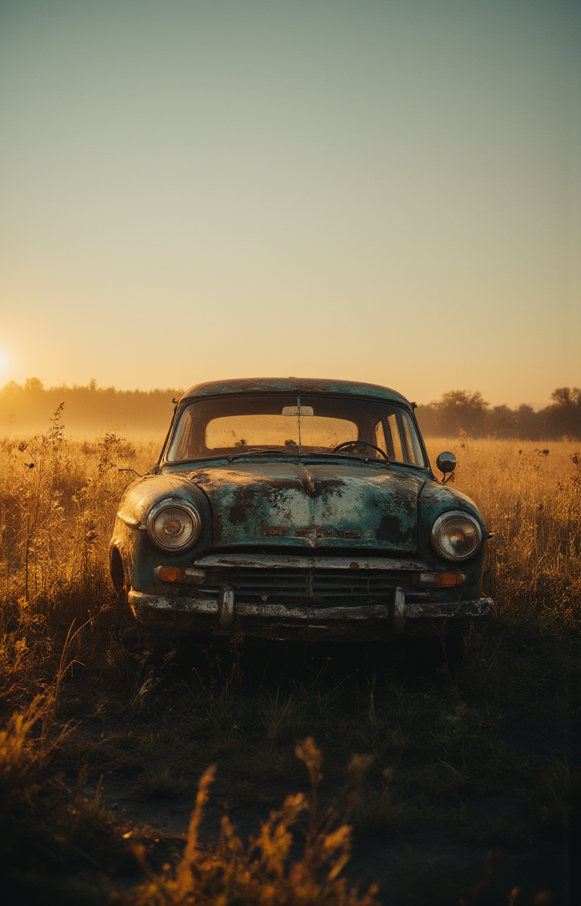 an old car standing in a weed field, mysterious, soothing, dawn, golden hour, backlit, shadows, meadow, wind      <lora:- Flux1 - soothing_atmo_V2.0:.8>