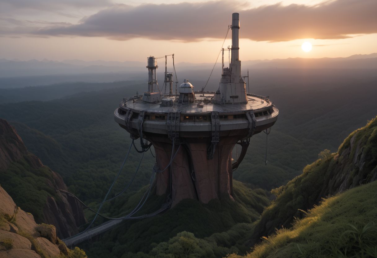 Avali metal, wires, tech, futuristic, highly detailed, sunrise,  (Encountering mythical beasts) (Amongst manticores and chimeras), score_9, score_8_up, score_7_up, score_6_up, score_5_up, score_4_up, adorable, beautiful, beautiful landscape, futuristic, hyper detailed, jagged rocks and cliffs, big structures, dark and gloomy, crashed spaceship, wreckage, overgrown, moss