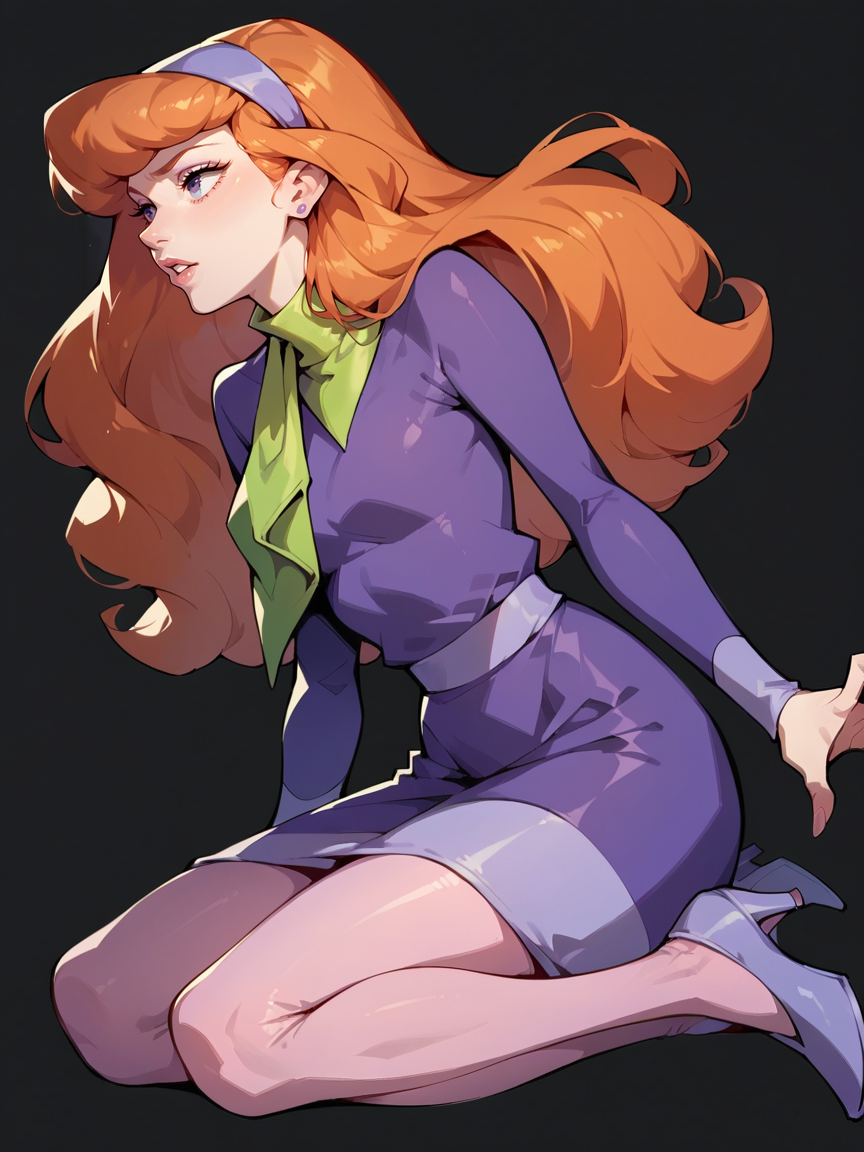 score_9, score_8_up, score_7_up, score_6_up, score_5_up,  <lora:DaphneBlakeXLP:0.7> daphne blake, 1girl, solo, hairband, long hair, pantyhose, orange hair, high heels, black background, skirt, shirt