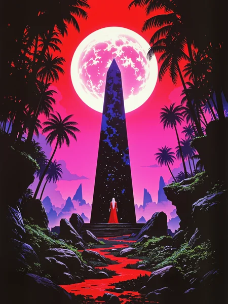 famous artwork, hyper-realistic, photo-realistic, award-winning 80s cinematic fantasy movie scene, highly aesthetic, high resolution, uhd, 8k, 4k, dramatic, epic, meticulous, accurate, at night, rule of thirds, symmetrical, in the heart of the jungle, where shadows dance and bleed, a beautiful chaotic melody, where depravity finds its seed, neon lights paint a picture, of a world immersed in sin, a collision of emotion and violence, where numbness dwells within, phantasmal obelisk, impending doom, cyclopean tomb, neon hues, color contrast, the color palette is predominantly scarlet red and dark amethyst purple and viridian and anthrazit grey and ultramarine blue, lovecraftian, cthulhu mythos, ovg, arsmoviestill, dndgr41nyb0yz style, aidmahyperrealism, <lora:hyper_realism-v0.3-flux-by_aidma:0.52> <lora:style-80s_fantasy_movie-v3-flux-by_arsmachina:0.96> <lora:style-dnd_grainyboyz-romulus-flux-by_kimwithdapuss:0.36>