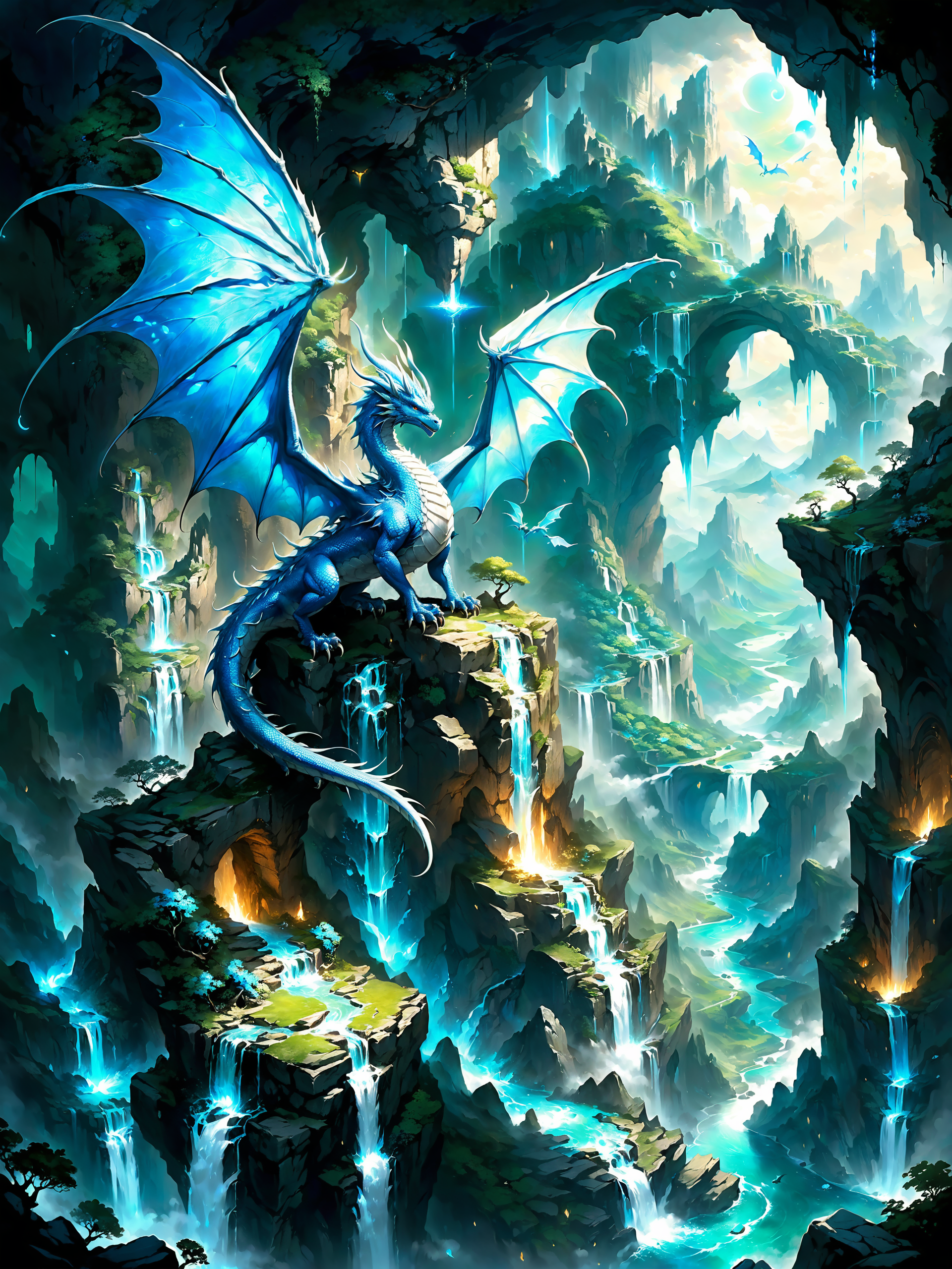 <lora:add-detail-xl:2.4> <lora:xl_more_art-full-xl:0.6> <lora:lyco-style-envydramaticlightingxl01_digital_art-xl:0.66> <loractl:envybetterhiresfixxl01-xl:0.2:hr=1.0> <lora:style-envyetherscapesxl01-xl:1.2> huge wings, gigantic wings, screen-filling wings, famous artwork by (lucas graciano:1.4) and (maurice sapiro:1.4), an enormous ancient mythical azure eastern dragon with (gleaming metallic blue:1.3) scales rests upon a jagged cliff overlooking a vast, emerald-green valley, waterfalls cascade down rocky formations and ancient ruins peek through the dense foliage, (bright glowing eyes:1.4), blooming cherry trees, realism, perfect composition, epic, mythical, colorful, ultra detailed