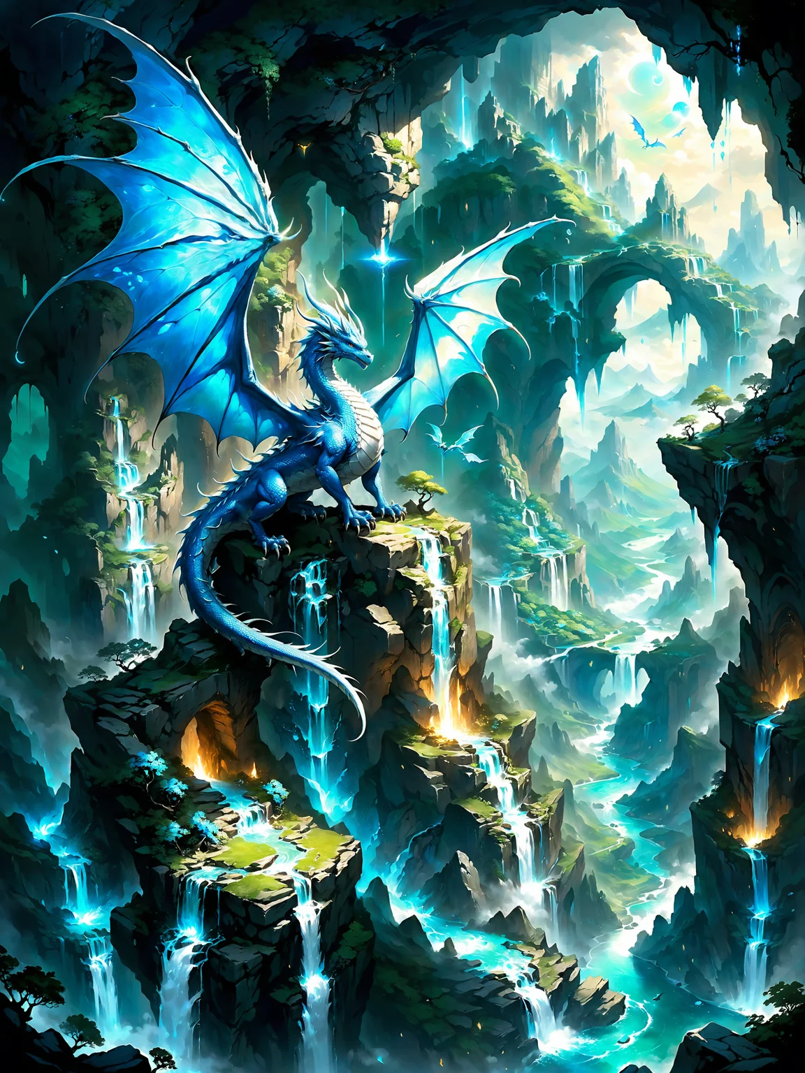 <lora:add-detail-xl:2.4> <lora:xl_more_art-full-xl:0.6> <lora:lyco-style-envydramaticlightingxl01_digital_art-xl:0.66> <loractl:envybetterhiresfixxl01-xl:0.2:hr=1.0> <lora:style-envyetherscapesxl01-xl:1.2> huge wings, gigantic wings, screen-filling wings, famous artwork by (lucas graciano:1.4) and (maurice sapiro:1.4), an enormous ancient mythical azure eastern dragon with (gleaming metallic blue:1.3) scales rests upon a jagged cliff overlooking a vast, emerald-green valley, waterfalls cascade down rocky formations and ancient ruins peek through the dense foliage, (bright glowing eyes:1.4), blooming cherry trees, realism, perfect composition, epic, mythical, colorful, ultra detailed