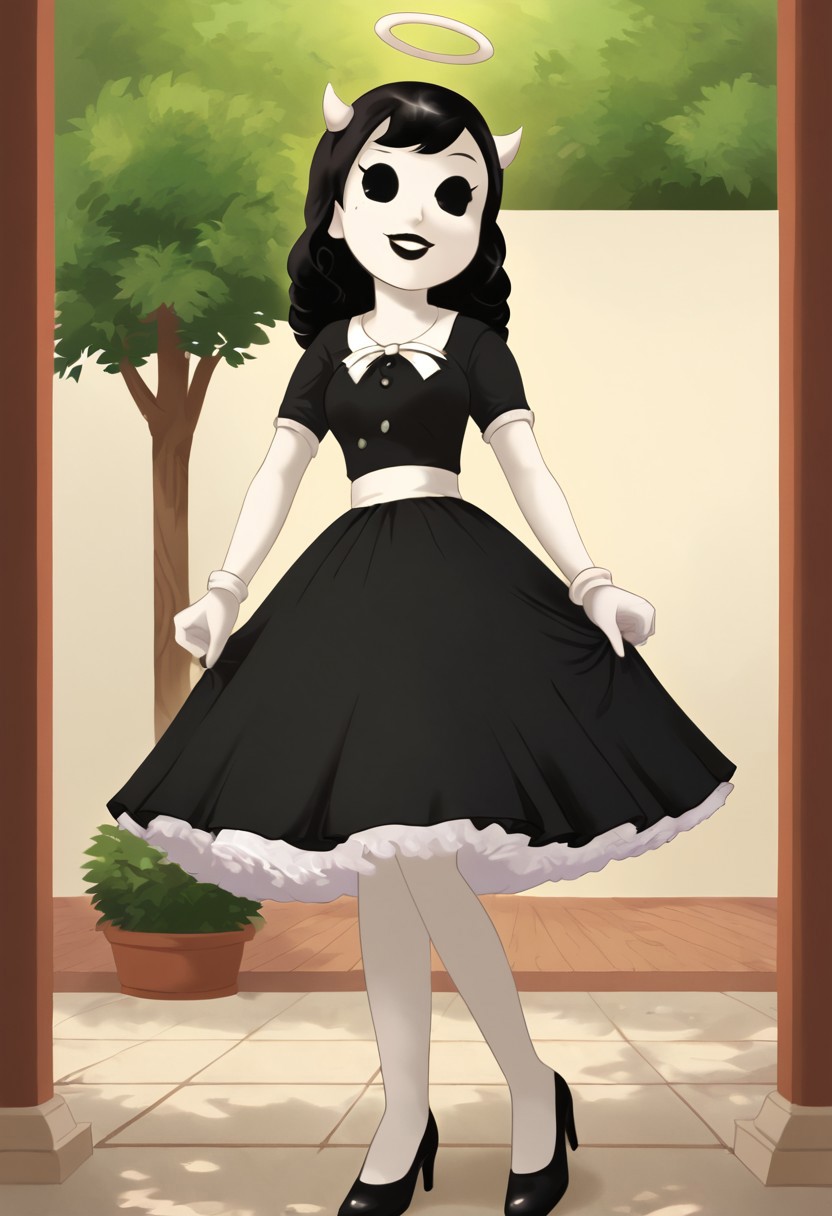 (Masterpiece, best quality:1.2), score_9, score_8_up, flat color, flat shading, soft shading, lighting, Alice Angel in a 1950's dress with a button down top, a fluffy frilly ruffled full petticoat, and high heels, dress, layered petticoat, frilly petticoat, fluffy petticoat, full petticoat, wide dress, flowing dress, long skirt, solid colored skirt, short sleeves, black hair, Bendy and The Ink Machine, series accurate, cute, best high quality, high res, black lips, white colored skin, whole body shot, 1girl, solo, outside, standing straight, in a garden, cute, adorable, smile, low angle shot, cartoon, cartoon style, vector, solo, circle dress, 1950s, alice angel