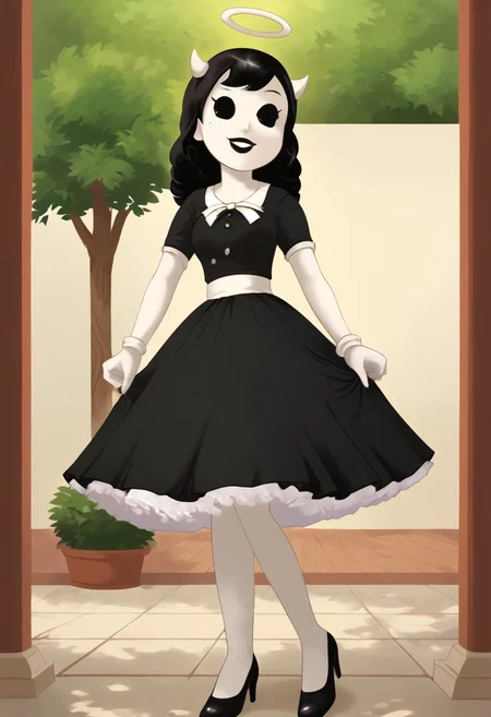 (Masterpiece, best quality:1.2), score_9, score_8_up, flat color, flat shading, soft shading, lighting, Alice Angel in a 1950's dress with a button down top, a fluffy frilly ruffled full petticoat, and high heels, dress, layered petticoat, frilly petticoat, fluffy petticoat, full petticoat, wide dress, flowing dress, long skirt, solid colored skirt, short sleeves, black hair, Bendy and The Ink Machine, series accurate, cute, best high quality, high res, black lips, white colored skin, whole body shot, 1girl, solo, outside, standing straight, in a garden, cute, adorable, smile, low angle shot, cartoon, cartoon style, vector, solo, circle dress, 1950s, alice angel