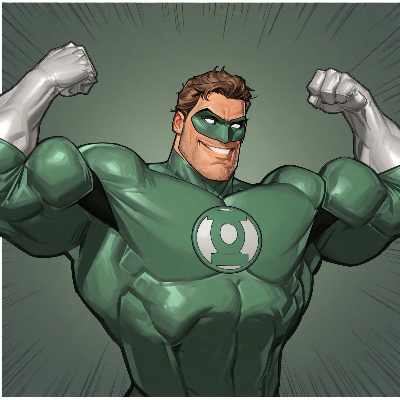 masterpiece, best quality, newest, absurdres, highres, white borders around characters, soft light, BREAK bara, muscular, 1man, male focus, male, male focus, 1boy, GreenLanternOldDC, white sclera, green mask, mouth, short hair, blonde hair, greying hair, eye mask, strong jaw, unshaven face, {{beefy}}, {{muscular}}, {{large}}, close up to face, mouth, flexing muscles, smiling, costume